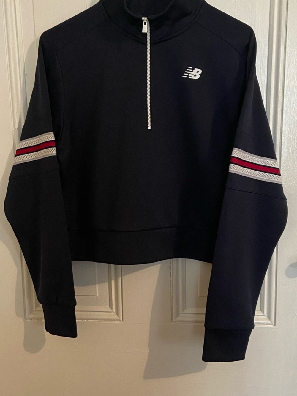 New Balance Women’s Navy Half-Zip Sweater with White & Red Sleeve Stripes